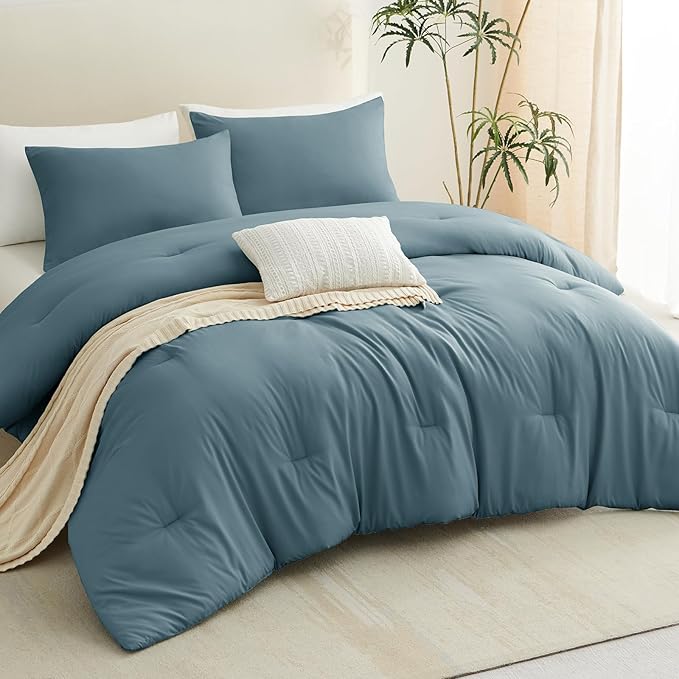 CozyLux King Size Comforter Set Mineral Blue, 3 Pieces Solid Comforters King Size Breathable Quilted Bedding Sets, Luxury Soft Lightweight Bed Set with Down Alternative Comforter and 2 Pillowcases