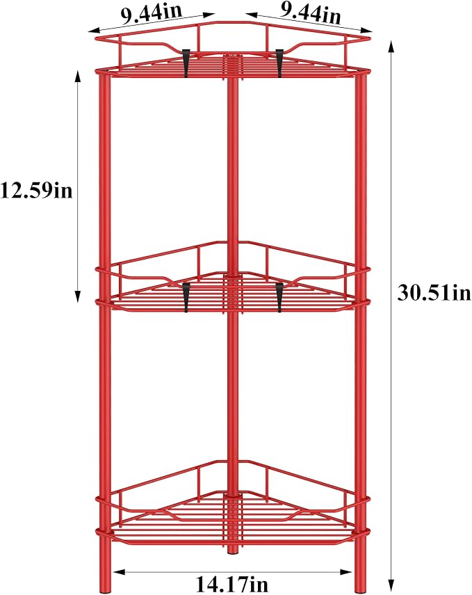 HuggieGems 3 Tier Floor Standing Corner Shower Caddy Organizer Shelf with Hooks, Bathroom Shelves Stand Rack, Red - Image 7
