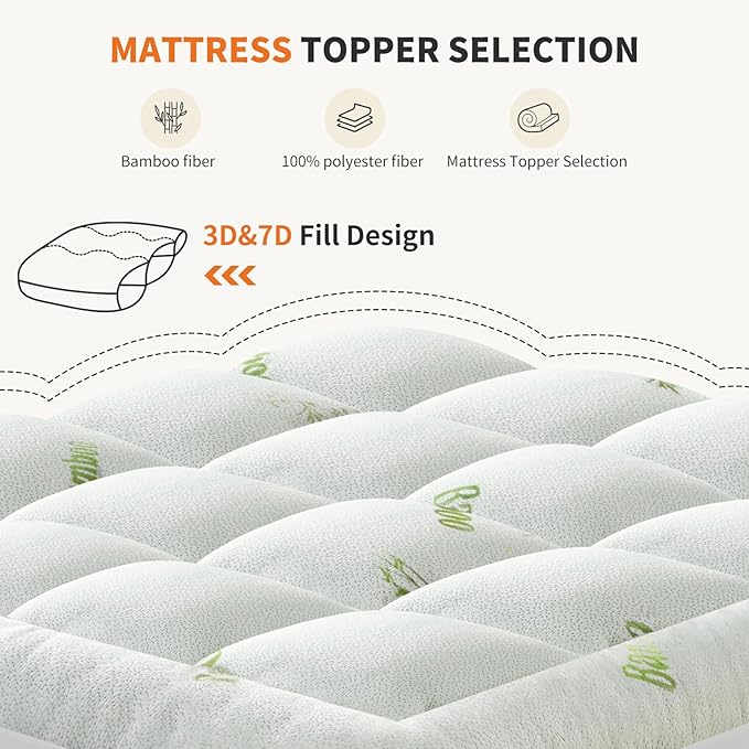 OLIXIS Plush Bamboo Mattress Topper Queen Size, Quilted Pillow Top Bed Pad with Deep Stretch Pockets, Cooling & Eco-Friendly Topper for Back Pain Relief, Breathable