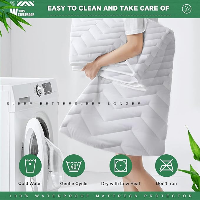 Unilibra Twin Size Waterproof Mattress Pad Rayon Made from Bamboo, Quilted Breathable Mattress Protector, 6''-19'' Deep Pocket Fitted Mattress Cover White