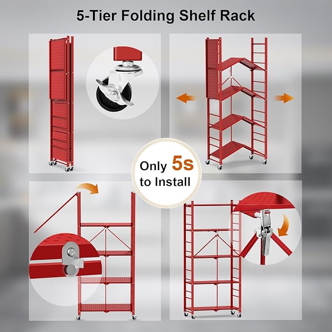 Himix Storage Shelves with 20 Hooks, 5-Tier Foldable Shelves for Storage, Folding Utility Shelf Unit Pantry Shelf with Wheels, Metal Shelving Unit Rack for Garage Christmas Room, Red - No Assembly - Image 6