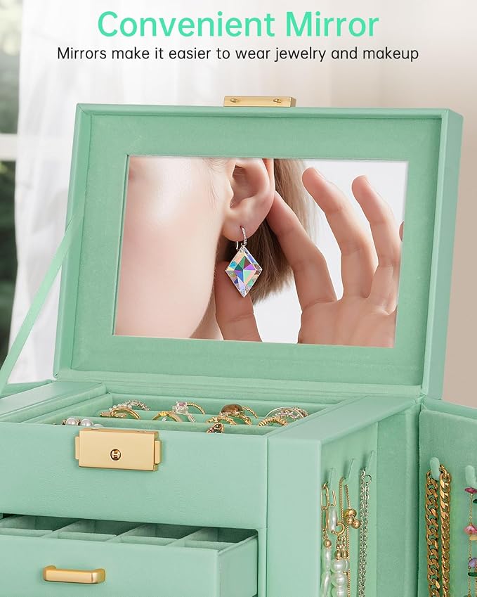 AKOZLIN 4-Tier Jewelry Box Leather Jewelry Storage Organizer with 3 Drawers Lockable for Women Girls Ring Necklace Earring Bracelet Holder with Mirror - Image 5