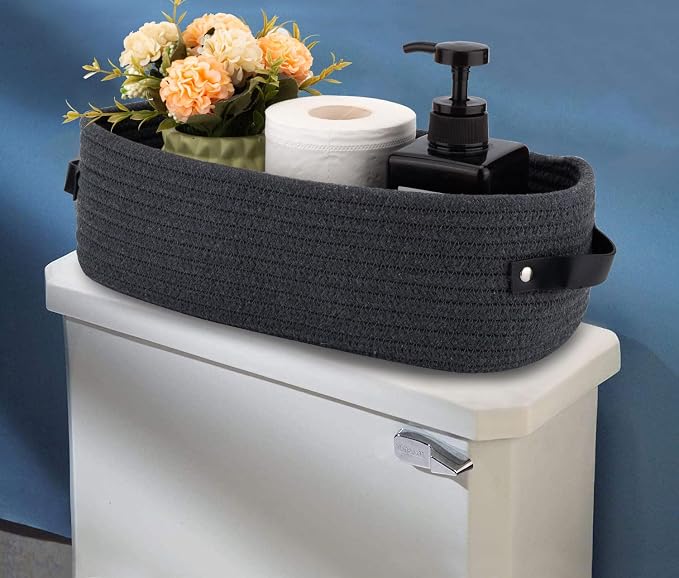 Cotton Rope Toilet Paper Holder Basket with Handle, Home Decor Organizing Small Baskets, Nursery Basket 13"x5.9"x4" Dark Gray - Image 2