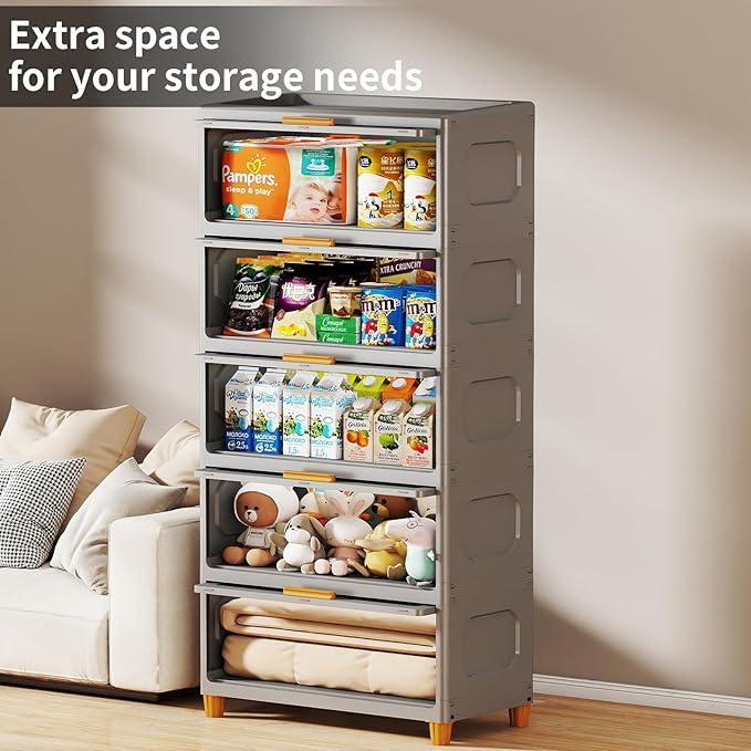 5 Tier Large Storage Bins with 1 Lid, 250QT Closet Organizers and Storage, Drawers Flip Open Large Plastic Storage Containers for Living Room, Office, Dorm (5 Tiers)