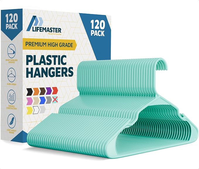 Lifemaster Plastic Clothes Hangers – Heavy Duty Hanger Set, for Organizing Clothes, Dresses, and Coat, Holds Up to 5 lbs, Space-Saving Hangers with Non-Slip Shoulder Grooves, Pack of 120, Aqua by LIFEMASTER