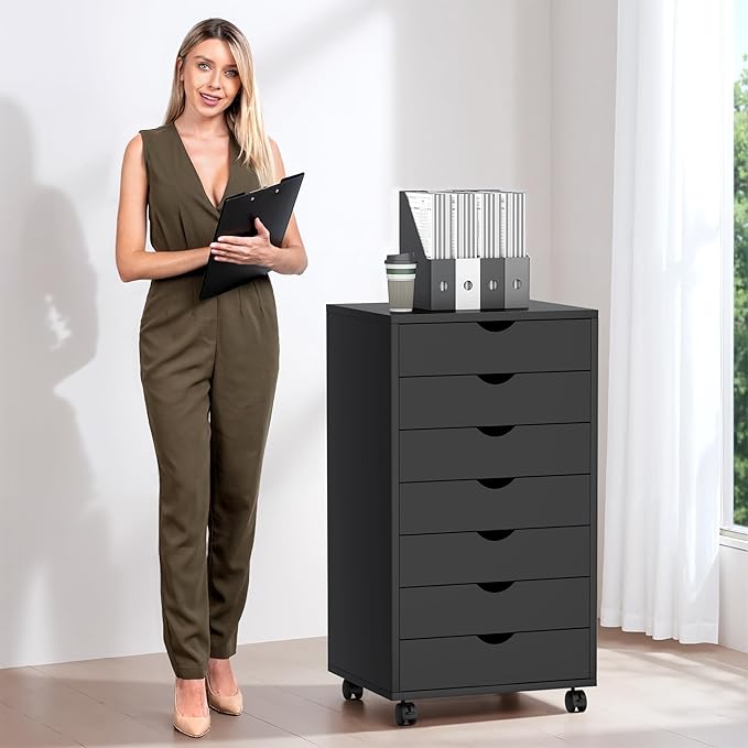 7 Drawer Mobile File Cabinet Under Desk Storage Organization with Wheels Vertical Filing Chest Rolling Wood Small Desk Printer Stand for Home, Black - Image 4