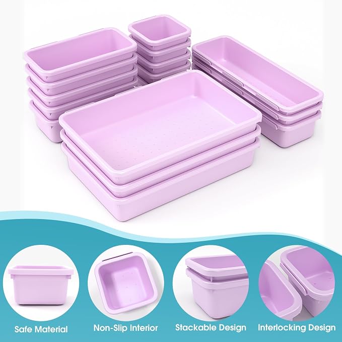 16 PCS Drawer Organizer Set, 4 Size Makeup Drawer Divider Organizer With Non-Slip Pads, Interlocking Plastic Storage Bins for Office,Jewelry Vanity,Gadgets, Bathroom,Kitchen, Purple - Image 3