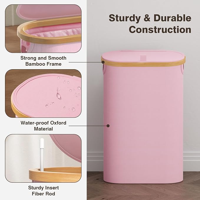Slim Laundry Hamper with Lid, 60L Small Laundry Basket with Handles&Removable Bag, Thin Dirty Clothes Hampers for Laundry, Narrow Laundry Hampers for Bedroom Aesthetic, Pink - Image 6