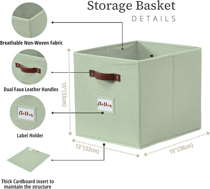 DECOMOMO Storage Baskets, 13x15x13 Storage Cube Bins with Labels for Organizing Shelves Kallax (Kallax / 4pcs, Sage Green) - Image 3