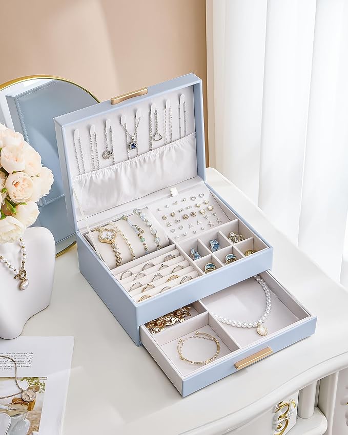 Lolalet 2-Layer Jewelry Box Organizer for Women Girls, Jewelry Storage Case Holder with Drawers for Necklaces Ring Earrings Bracelet Watch, Gifts Choice for Mom Mother’s Day -Blue - Image 8