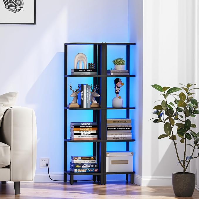 TUTOTAK Corner Shelf with LED Light, 5-Tier Corner Bookshelf for Small Space, Narrow Display Corner Shelf Stand with Storage Rack, for Living Room, Bedroom, Black BS08BK005L - Image 7