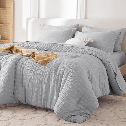 MUXHOMO 7 Pieces King Comforter Set, Seersucker Bed in a Bag King Size, All Season Luxury Bedding Set with Comforter, Flat Sheet, Fitted Sheet, Pillowcases & Shams, Light Grey