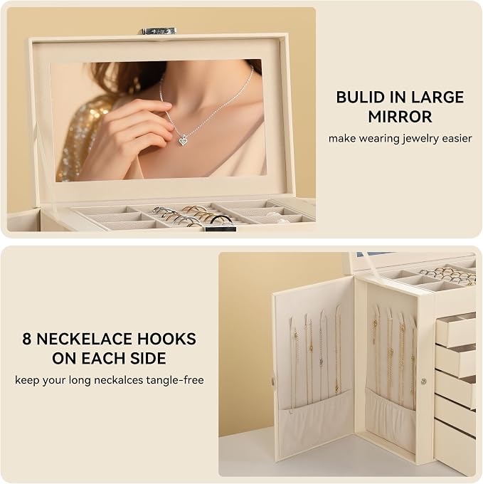 Frebeauty Large Jewelry Box,6-Tier PU Leather Jewelry Organizer,Multi-functional Storage Case with Mirror,Accessories Holder with 5 Drawers for Necklace Bracelets Watches(Beige) - Image 5