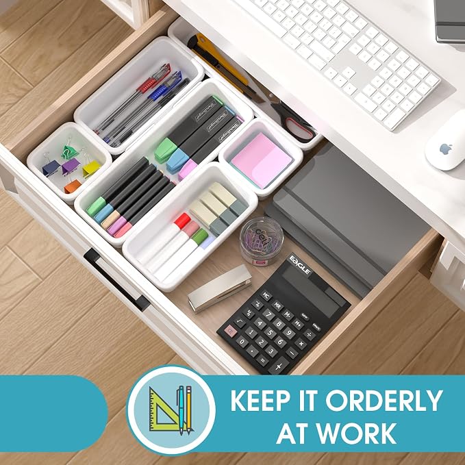 6 PCS Drawer Organizer Set, 3 Size Makeup Drawer Divider Organizer With Non-Slip Pads, Interlocking Plastic Storage Bins for Office,Jewelry Vanity,Gadgets, Bathroom,Kitchen, White - Image 4