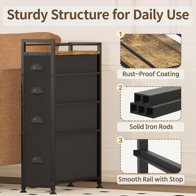 LASZOLA 4 Drawer Narrow Dresser Slim Cabinet Skinny Storage Tower Chest, Ideal for Small Spaces Bathroom Bedroom, Between Washer and Dryer, Lightweight Mobile on Wheels, Sturdy Fabric Drawers, Black - Image 5