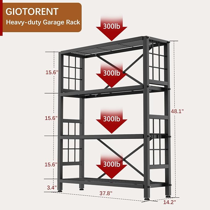 GIOTORENT 4-Wire Heavy-Duty Shelf, Standing Storage Shelves, Metal Shelving Unit Pantry Rack, 1200LB Load Capacity, for Garage Kitchen Organizer (Black) - Image 2