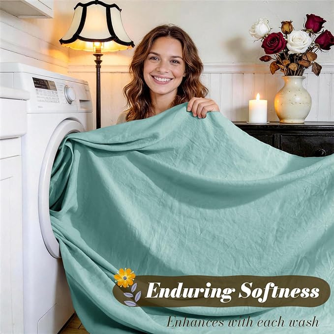SONORO KATE 100% French Pure Linen Sheets, Breathable and Durable Linen Full Size Sheets, Anti-Tear Linen Bed Sheets, Machine Washable, 16 Inch Deep Pocket - 4 Piece (Aqua, Full)