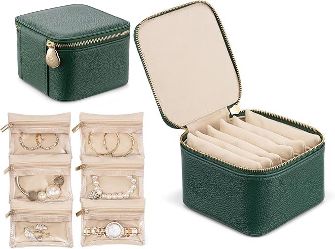 VLANDO Travel Jewelry Box Organizer – Portable PU Leather Jewelry Case with 6/8/12 Zippered Pouches, Compact Storage for Earrings Rings Necklaces Bracelets, Dark Green by VLANDO