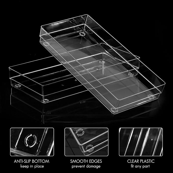 LotFancy Clear Plastic Drawer Organizer, 12’’ x 6” x 2’’, Set of 3 Drawer Storage Containers Bins for Dresser Cosmetics Makeup, Stackable - Image 2