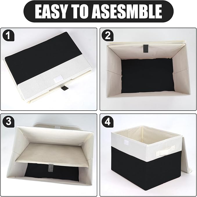 Bagnizer Large 22 Quart Linen Fabric Foldable Storage Bin Cube Organizer Basket with Flip-Top Lid & Handles, Clothes Blanket Box for Home, Office, Closet, Black & White, 4 Pack 14.6 x 9.5 x 9.5 - Image 3