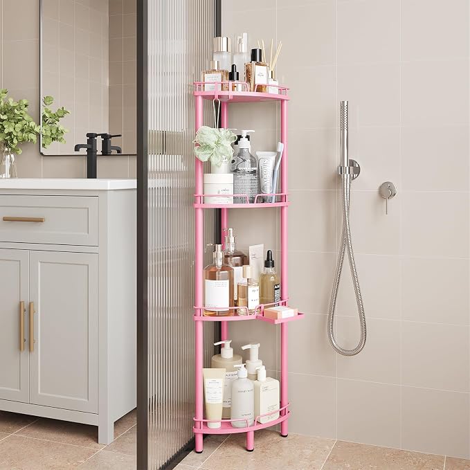 ELYKEN Corner Shower Caddy Standing, 4 Tier Rustproof Metal Shower Organizer with Soap Holder, Floor Shower Corner Shelf Rack Storage Stands with Adjustable Feet & 2 Hooks for Bathroom, Pink - Image 9