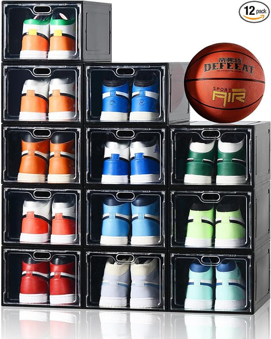 INSTY 12 Pack Large Shoe Storage Box, Clear Shoe Storage Organizer with Magnetic Door, Stackable,Shoe Containers For Display Sneakers, Easy Assembly, Fit up to US Size 12, Black by INSTY