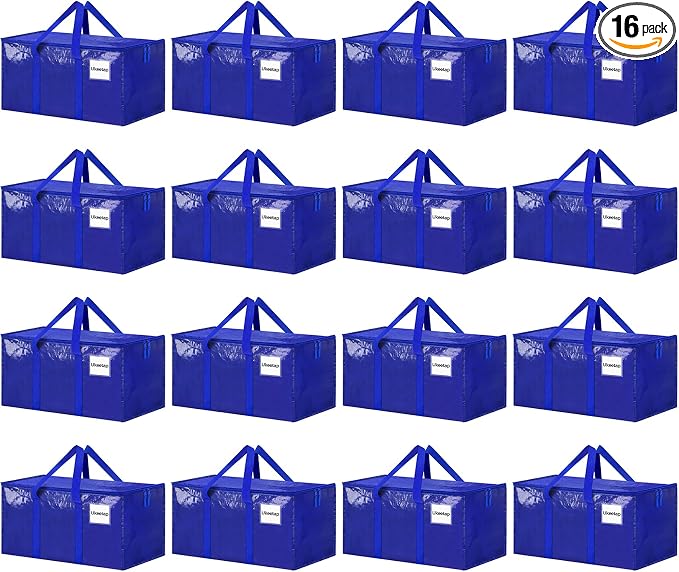 16 Pack Extra Large Heavy Duty Moving Bags, Blue Storage Bins with Lids, Reinforced Handles & Heavy-Duty Zippers Moving Boxes Storage Bags Totes for Clothes Packing, Dorms, College Supplies, Blue by ukeetap