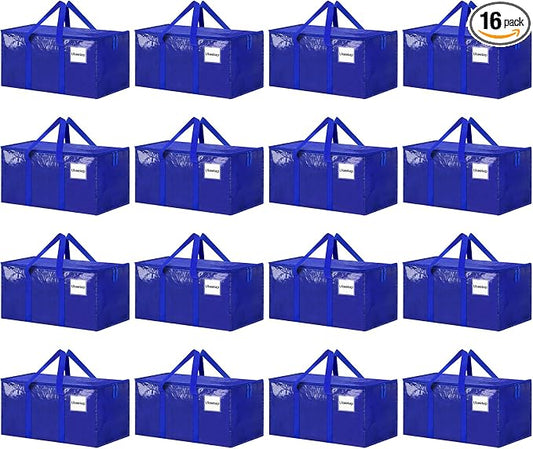 16 Pack Extra Large Heavy Duty Moving Bags, Blue Storage Bins with Lids, Reinforced Handles & Heavy-Duty Zippers Moving Boxes Storage Bags Totes for Clothes Packing, Dorms, College Supplies, Blue by ukeetap