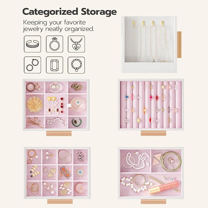 HOOBRO Jewelry Box for Women, Wooden Jewelry Organizer with Transparent Window, 4-Layer Jewelry Organizer Box, Jewelry Holder Organizer for Earrings, Necklaces, Rings, White and Gold WD09JB04 - Image 5