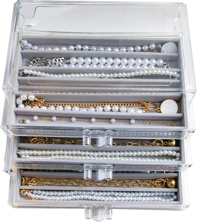 YUFONG Necklace Holder Organizer, Dustproof Necklace Box Velvet Necklace Organizer Box with Lid Clear Acrylic Dustproof Stackable Jewelry Displays for Necklaces Chain Display (Gray, 3 Drawer) by YUFONG
