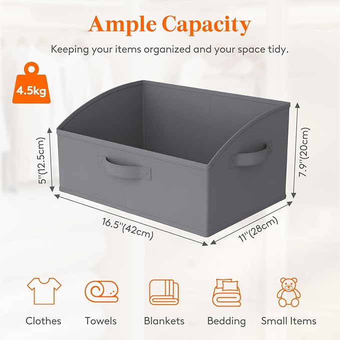 Lifewit Trapezoid Closet Storage Bins for Shelf, 6 Packs Non-woven Closet Organizer Baskets with Handles, Foldable Clothes Containers Boxes for Clothing, Book, Purse, 19L, Large, Gray - Image 2