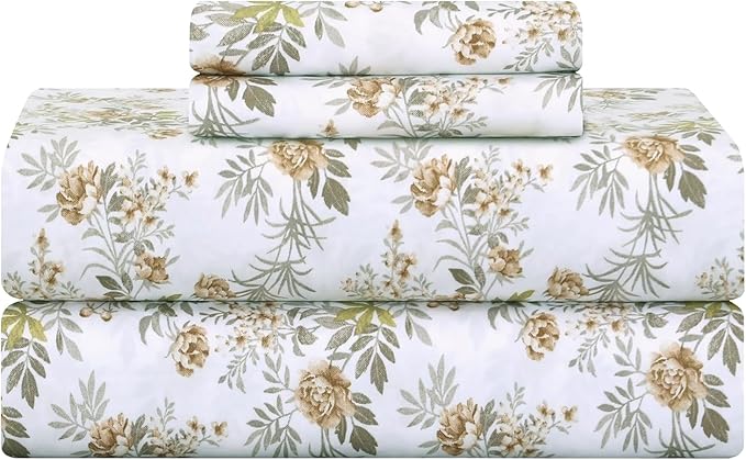 Feather & Stitch Printed 500 TC California King Size 4pc Damask Bed Sheet Set, 100% Soft Cotton Breathable Bedsheets, 18" Deep Pockets Sateen Weave Striped Bedding Mattress - Rose Floral