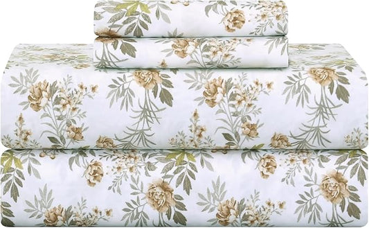 Feather & Stitch Printed 500 TC California King Size 4pc Damask Bed Sheet Set, 100% Soft Cotton Breathable Bedsheets, 18" Deep Pockets Sateen Weave Striped Bedding Mattress - Rose Floral