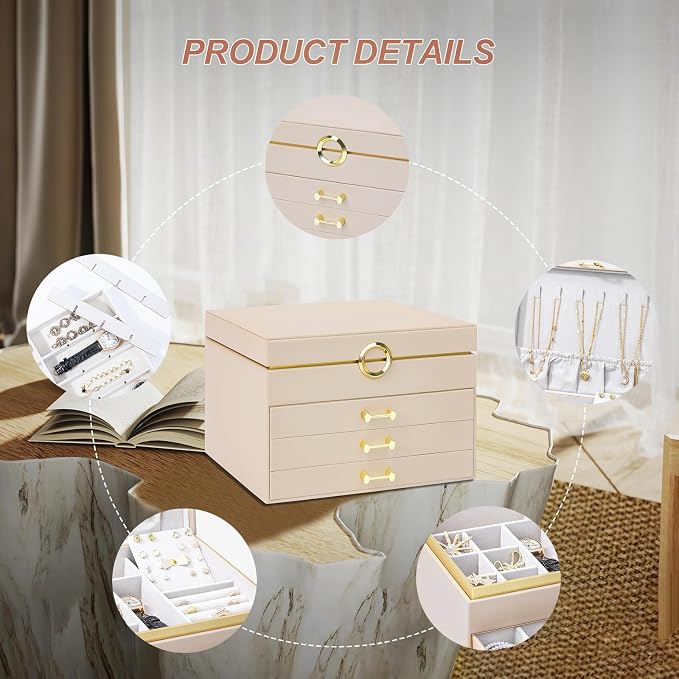 Jewelry Box Organizer for Women Girls, 4-Layer Large Jewelry boxes with 3 Drawers Jewelry Storage Case for Earrings Bracelets Necklaces - Image 6