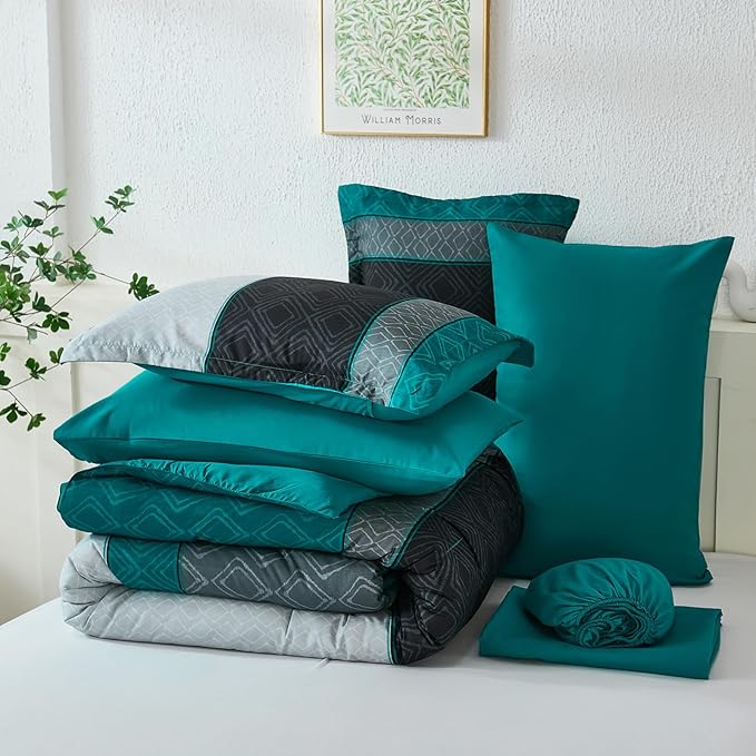 Dinjoy Boho Queen Comforter Set Teal Blue,7 Piece Bed in a Bag Queen Size Warm Striped Bedding Sets Dark Teal Plaid Fall Comforters Set with Sheets for Family All Season