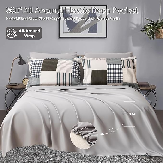 Comforter Set King Size Plaid Patchwork Comforter Bedding-7 Piece Bed in a Bag,Soft Fluffy Reversible Microfiber Bedding Set(1 Comforter,1 Flat Sheet,1 Fitted Sheet,2 Pillowcases,2 Pillow Shams)