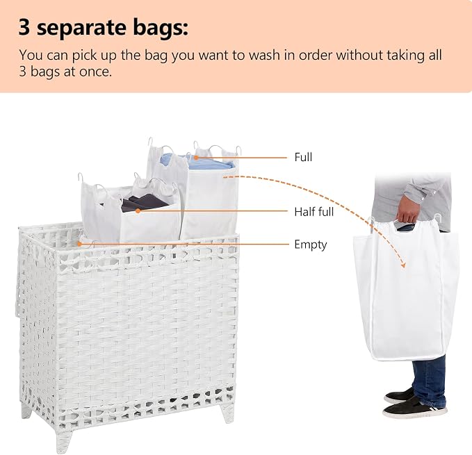 Laundry Hamper with 3 Removable Liner Bags; 132L Handwoven Rattan Laundry Basket with Lid & Heightened Feet; Clothes Hamper with Side Handles; Laundry Sorter with 3 Separate Sections - Image 3