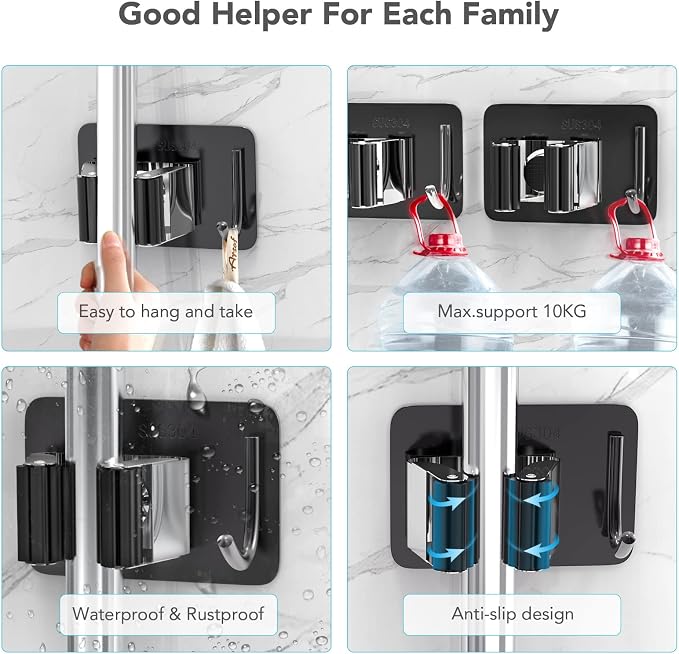 homeasy Mop Broom Holder No Drill, Mop Broom Organizer Wall Mounted Heavy Duty with Hooks Hanger, Self Adhesive Stainless Steel 4Pcs for Bathroom, Kitchen, Office (Multicolor) - Image 4