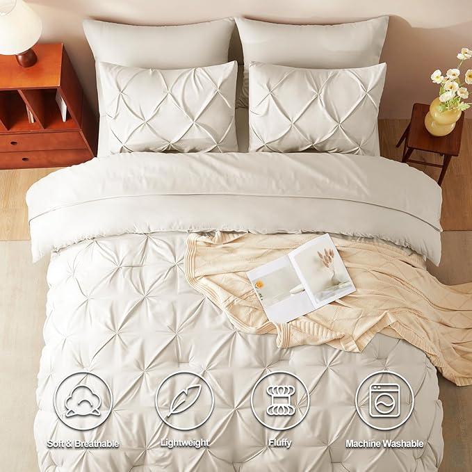 CozyLux King Size Comforter Set Oatmeal, 7 Pieces Pintuck Bed in A Bag Oatmeal Comforter King Size, Pinch Pleat Bedding Set with All Season Comforter, Sheets, Pillowcases & Shams