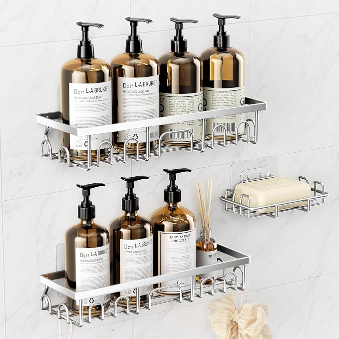 Shower Caddy, 3 Pack Shower Shelves for Inside Bathroom, Rustproof Adhesive Bathroom Organizer with Soap Holder, No Drilling Washroom Organizers and Storage for Tub Room/Kitchen/Home, Silver - Image 9