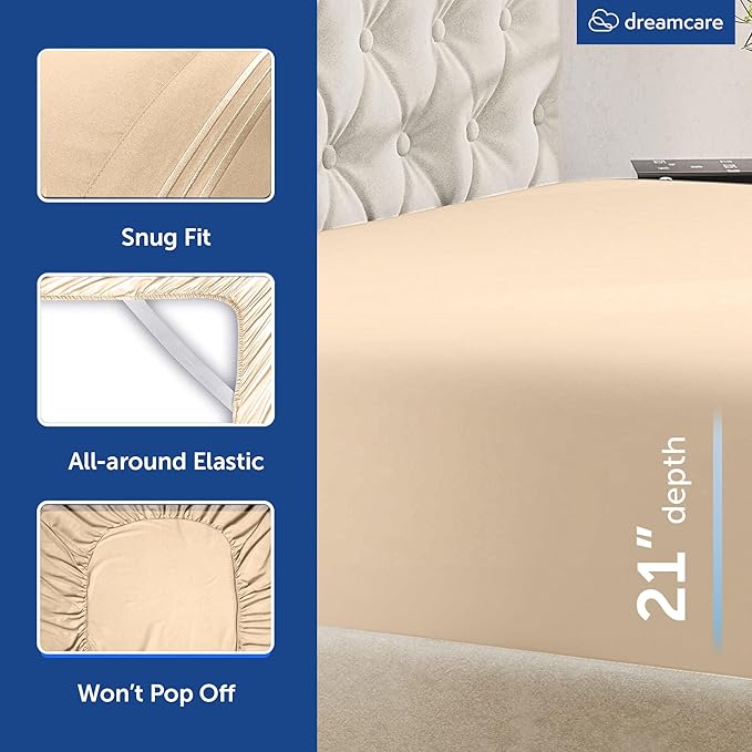 DREAMCARE Queen Sheet Set – 4 pcs Cooling Sheets – up to 21” Deep Pocket Queen Sheets – Hotel Luxury Sheets & Pillowcases – Superior Softness 100% Fine Microfiber with Side Pocket, Wheat