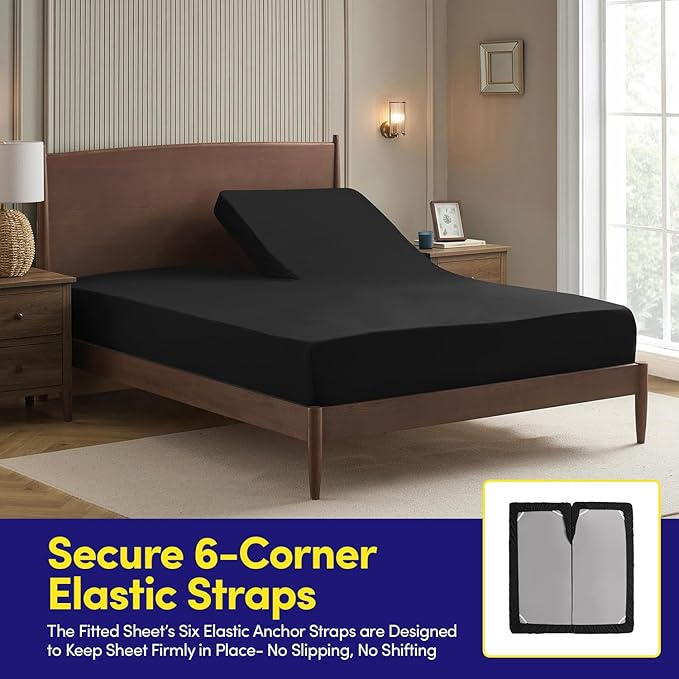 Split Head King Sheets Set for Adjustable Beds 4 Piece Flex Top Bed Sheets – Deep Pocket Split Top Fitted Sheet with Built-in Corner Straps, Luxury Soft Cooling Bedding, Wrinkle Resistant, Black