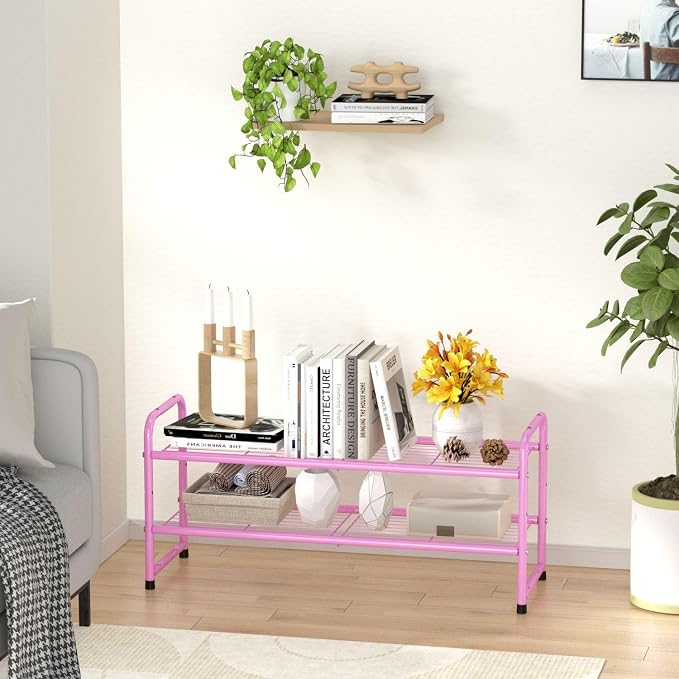SUFAUY 2 Tier 33" Wide Shoe Rack, Closet Metal Wire, Stackable, Pink - Image 2