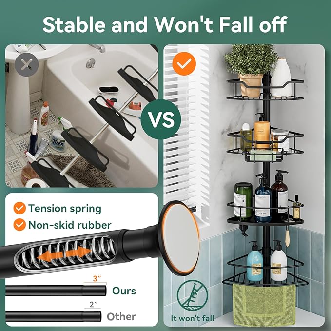 Corner Shower Caddy Tension Pole, 4 Tier Rustproof Shower Tension Rod Organizer, Adjustable 25-125 Inch Bathroom Shower Organizer Shelves for Bathtub Shampoo Storage, Black - Image 2