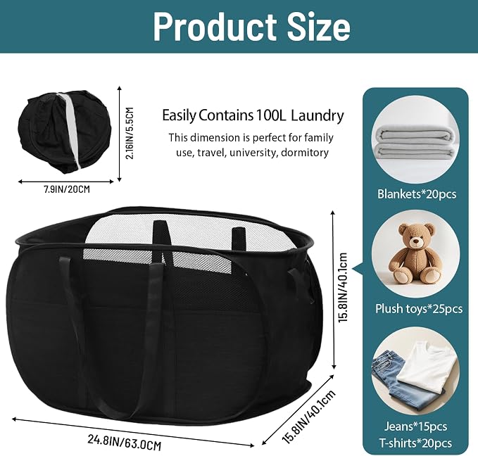 100L Collapsible Laundry Baskets, Tear Proof Pop Up Laundry Hamper with Dual Handles, Large Foldable Laundry Basket, Easy to Carry Laundry Hamper for Home, Laundry Room, Bedroom, Dorm, Travel Black - Image 4
