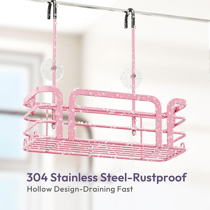 SWTYMIKI Shower Caddy Hanging Organizer - Over the Door Shower Caddy with 6 Hooks, 2 Installation Ways, Stainless Steel Rustproof Bathroom Organizer, Pink Small - Image 7