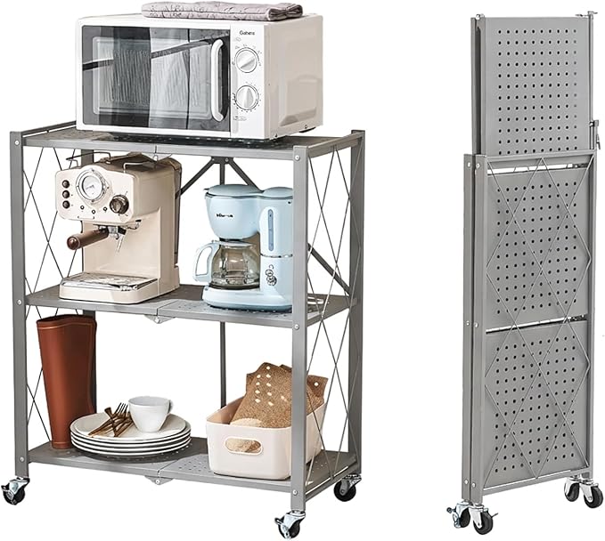 BRIAN & DANY 3-Tier Foldable Storage Shelves with Wheels, No Assembly Folding Shelf Metal Rack, Shelving Unit for Kitchen, Garage, Gray by BRIANDANY