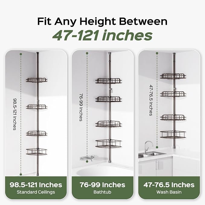 HAMITOR Shower Caddy Tension Pole: 4-Tier Rustproof Bathroom Corner Shelf Organizer for Renters - No Drill Large Shampoo Storage Rack Adjustable 47-121 Inch - Space Saving Bathtub Accessory - Bronze - Image 7