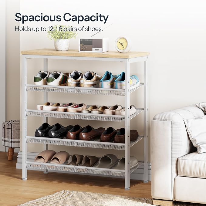 HOOBRO Shoe Rack for Entryway, 5-Tier Shoe Organizer with Adjustable Mesh Shelves, 12-16 Pairs of Shoes, Spacious Floor Mount, Metal, Industrial, Shoe Shelf for Closet, Natural and White WN12XJ01 - Image 8