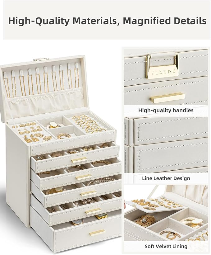 VLANDO 6 Layer Large Jewelry Box - Jewelry Holder Organizer, Jewelry Box Organizer for Drawer Necklace Ring Bracelet and Watch, Birthday Gift for Loved Ones - Beige - Image 6